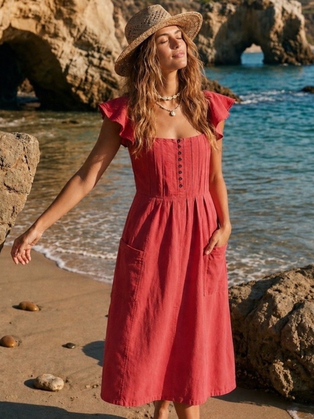 Pilcro free people Coral-Red Midi Dress with Square Neck & Flutter Sleeves